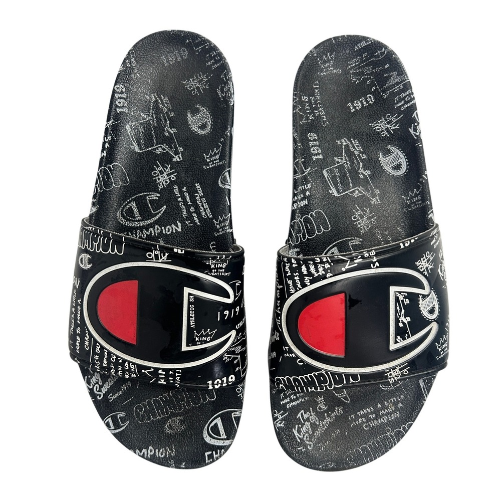 Champion‎ IPO Doodle Slides Sandals Mens 9 Black Logo Athleisure Streetwear
